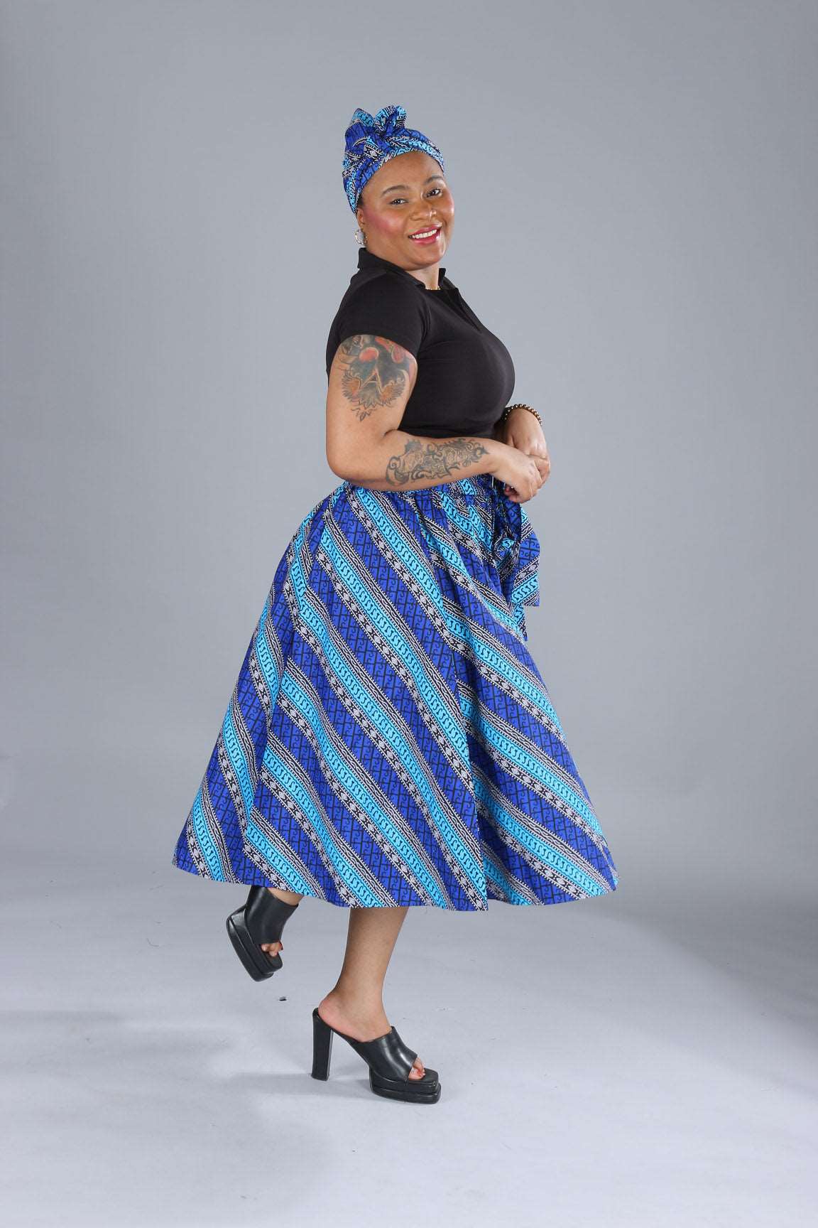 African Blue Striped Printed Maxi Flared Skirt