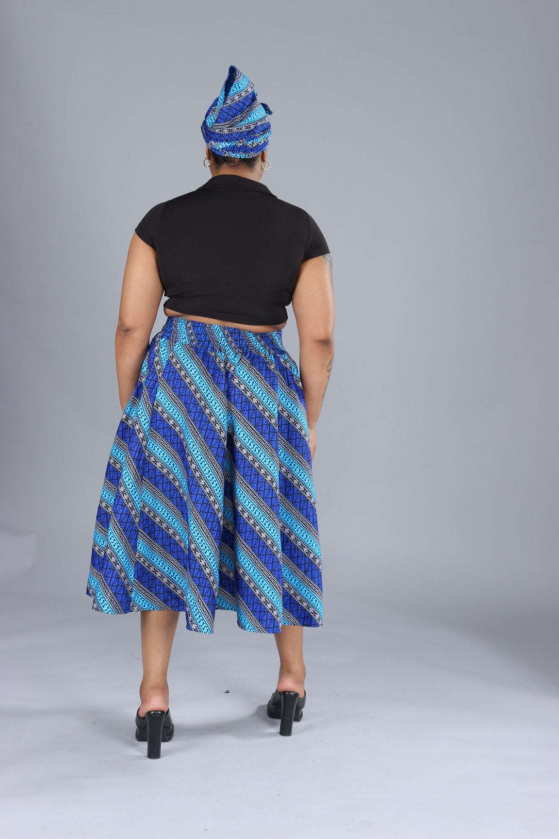 African Blue Striped Printed Maxi Flared Skirt