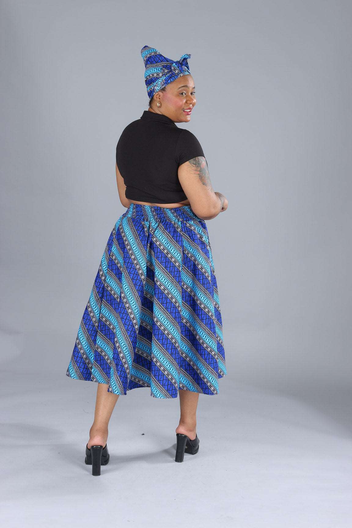African Blue Striped Printed Maxi Flared Skirt