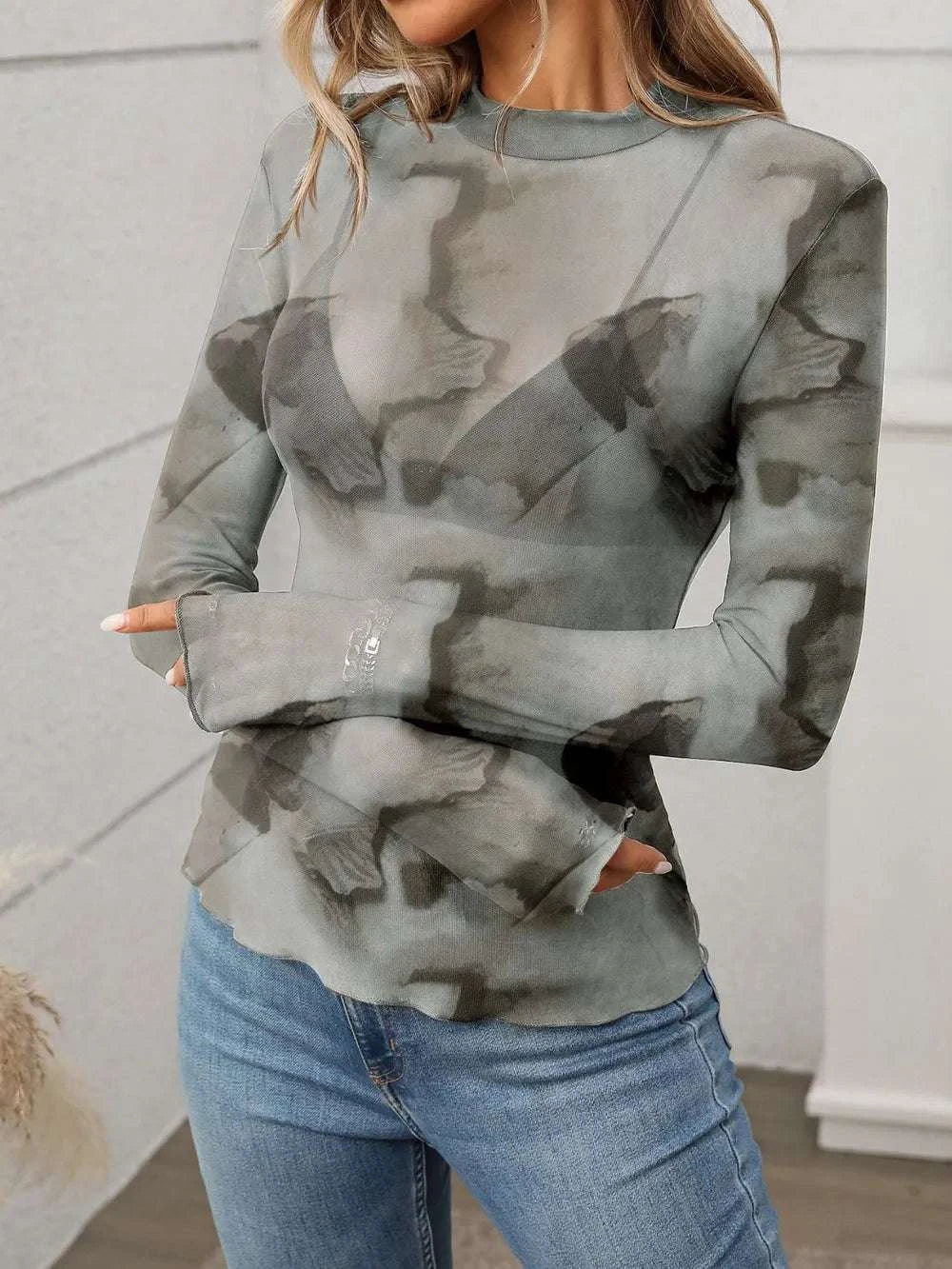 Ink painting printed mesh long sleeve women top front view