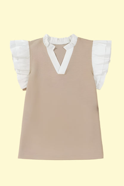 Khaki cap sleeve top with ruffles