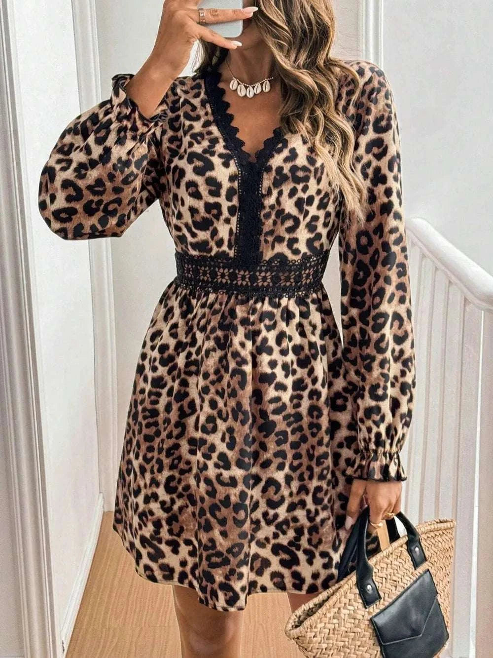 Lace detail leopard mini dress with flounce sleeves