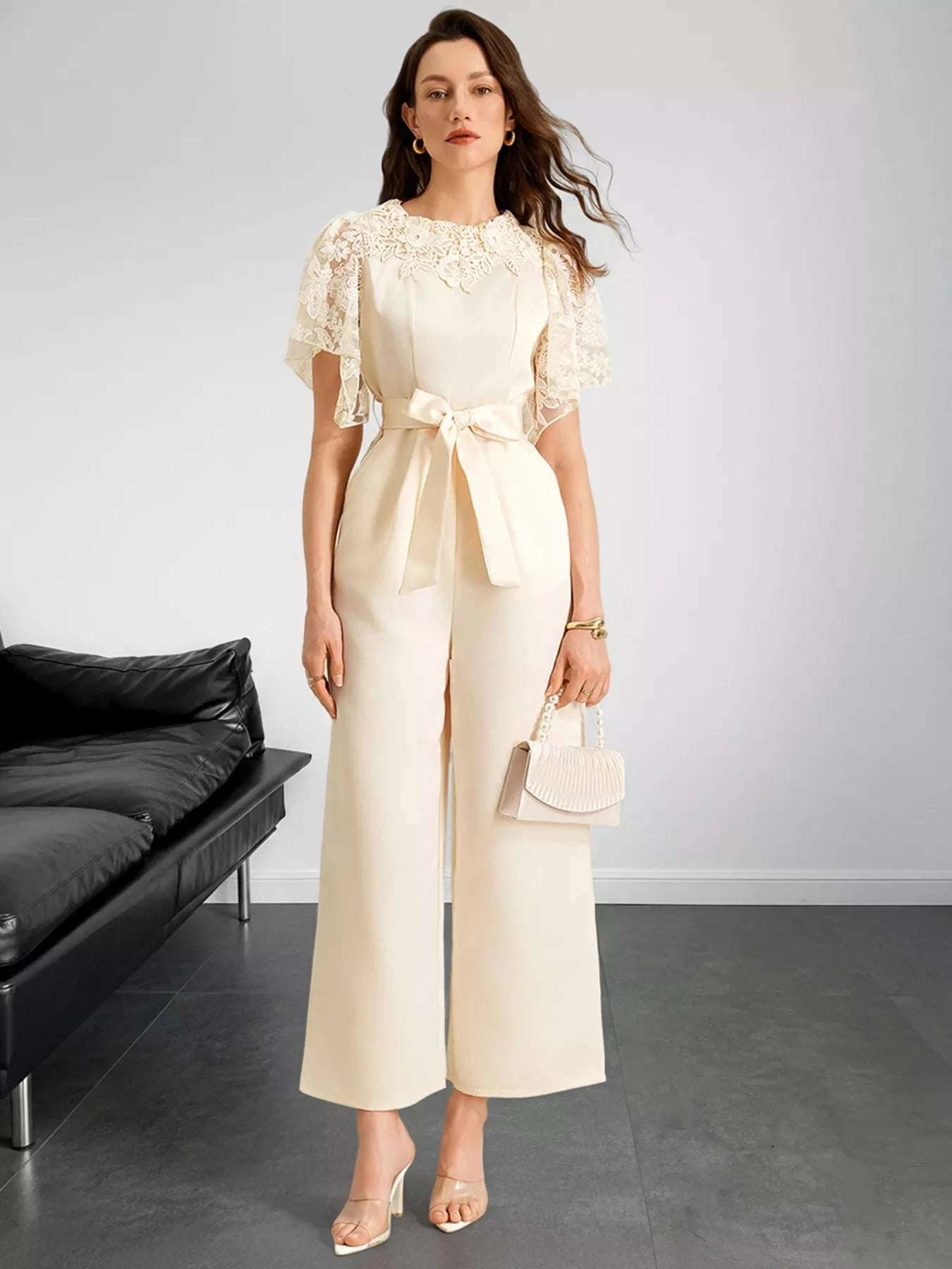 Lace trim wide leg jumpsuit for women in apricot by WestCloset