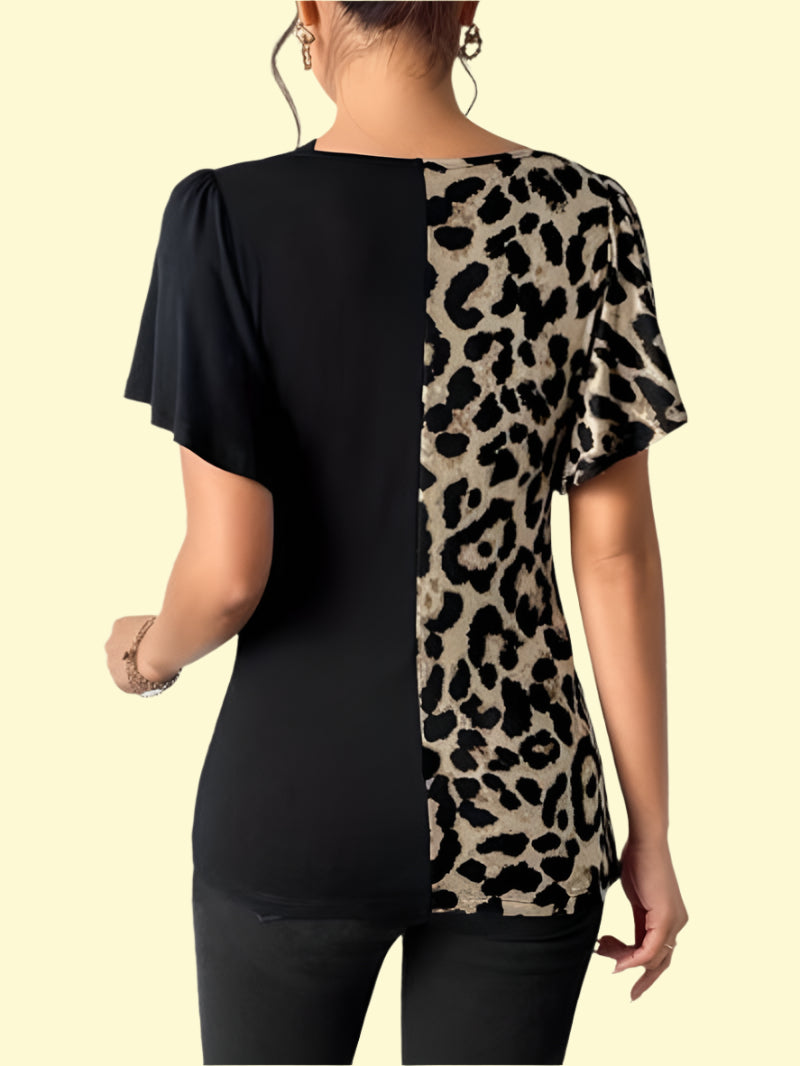 Leopard print flutter sleeve top in black