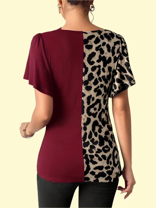 Leopard print flutter sleeve top in burgundy