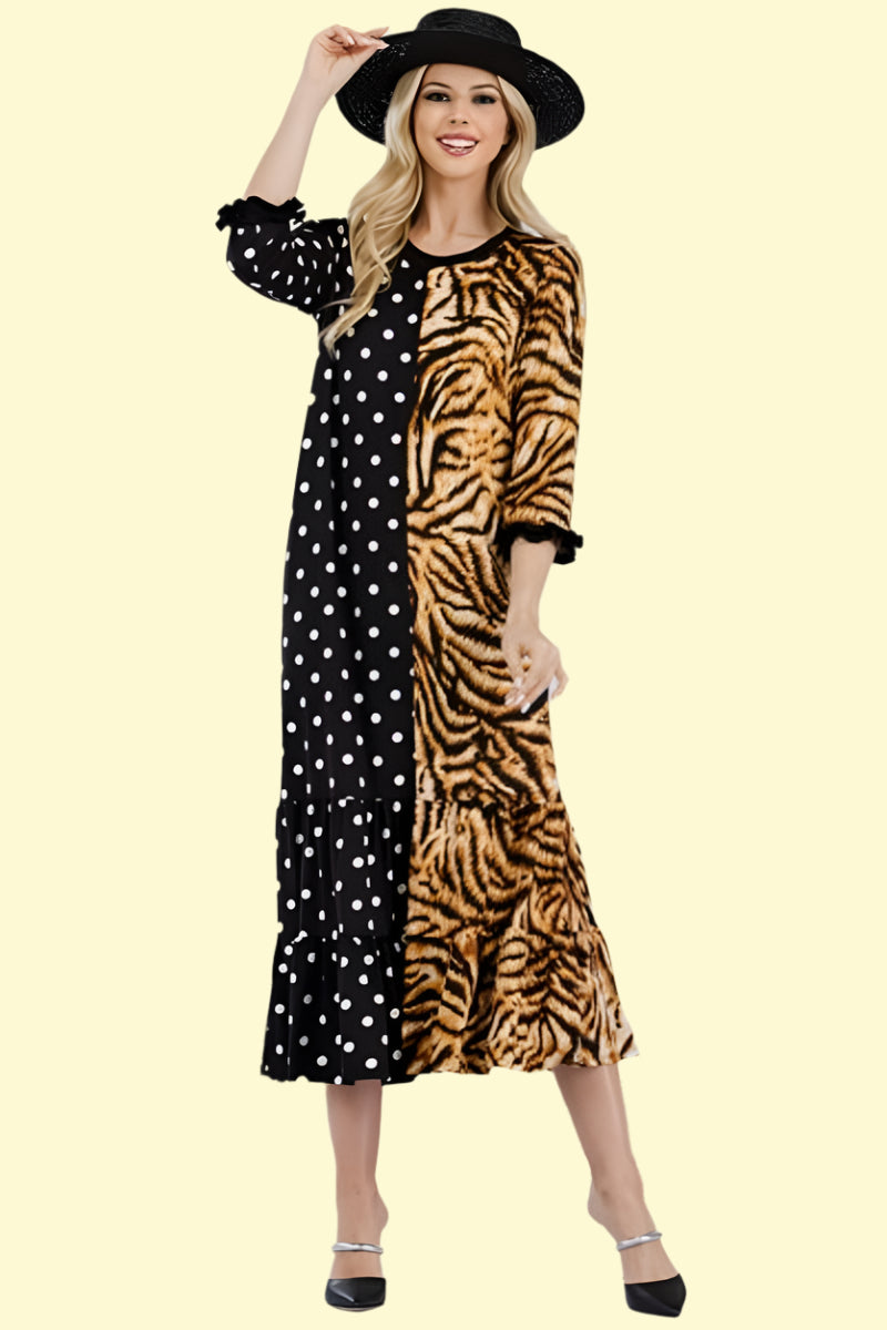 Leopard print polka dot midi dress for women