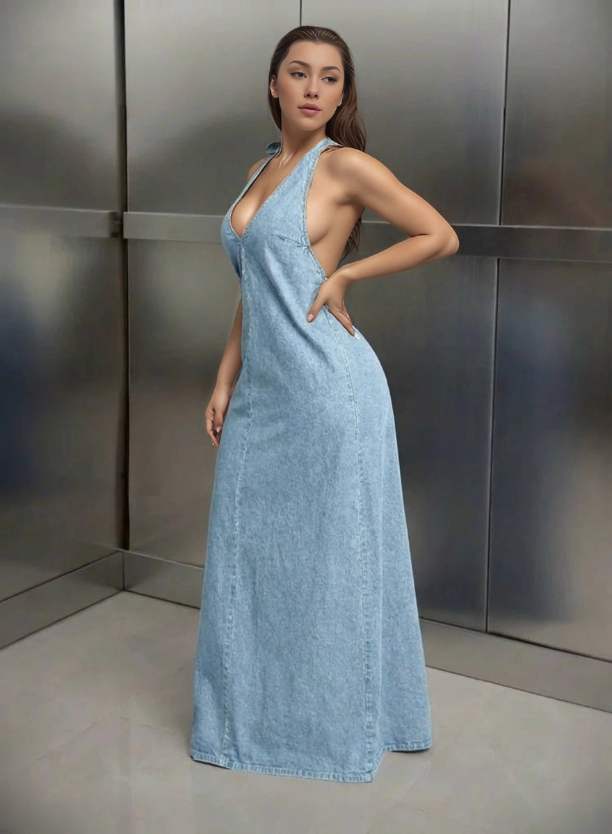 Light blue denim maxi dress with open back design for women