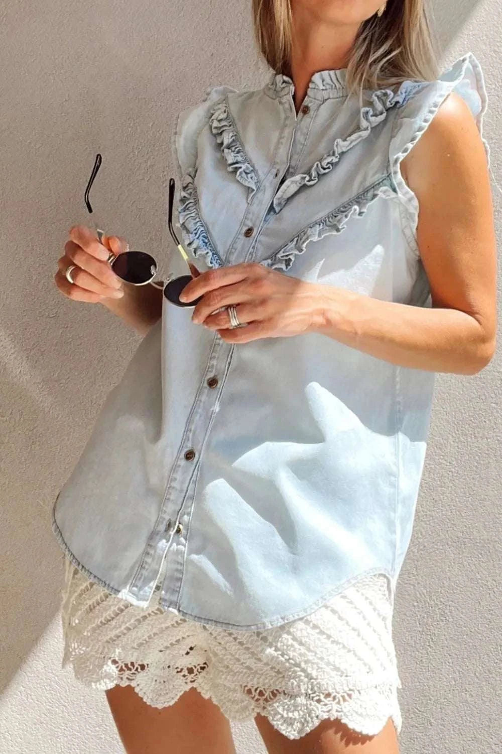 Light blue denim top for women with cap sleeves