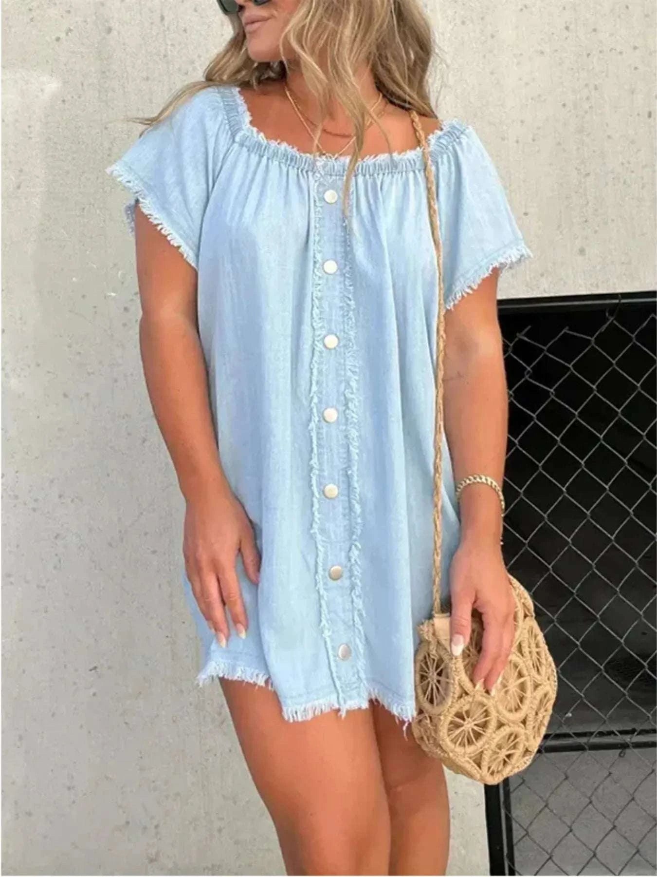 Light blue raw hem mini jean dress for women