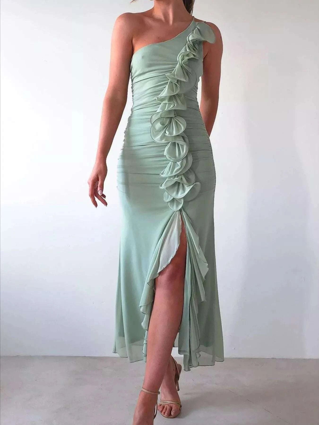 Light green one shoulder ruffle slit dress women