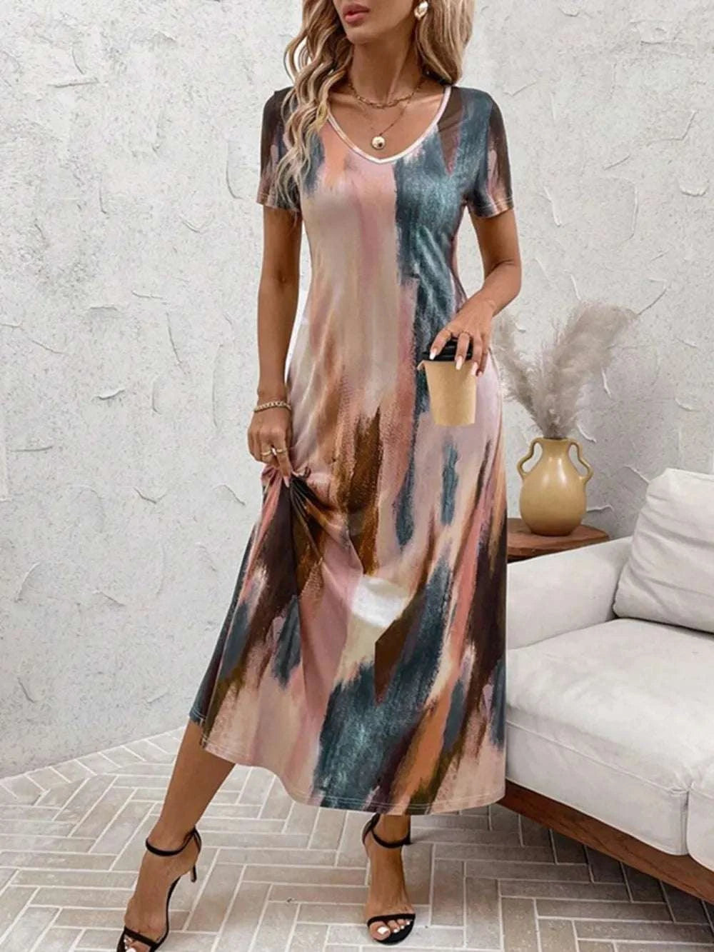 Tie-Dye Midi Tee Dress with Pockets for Women