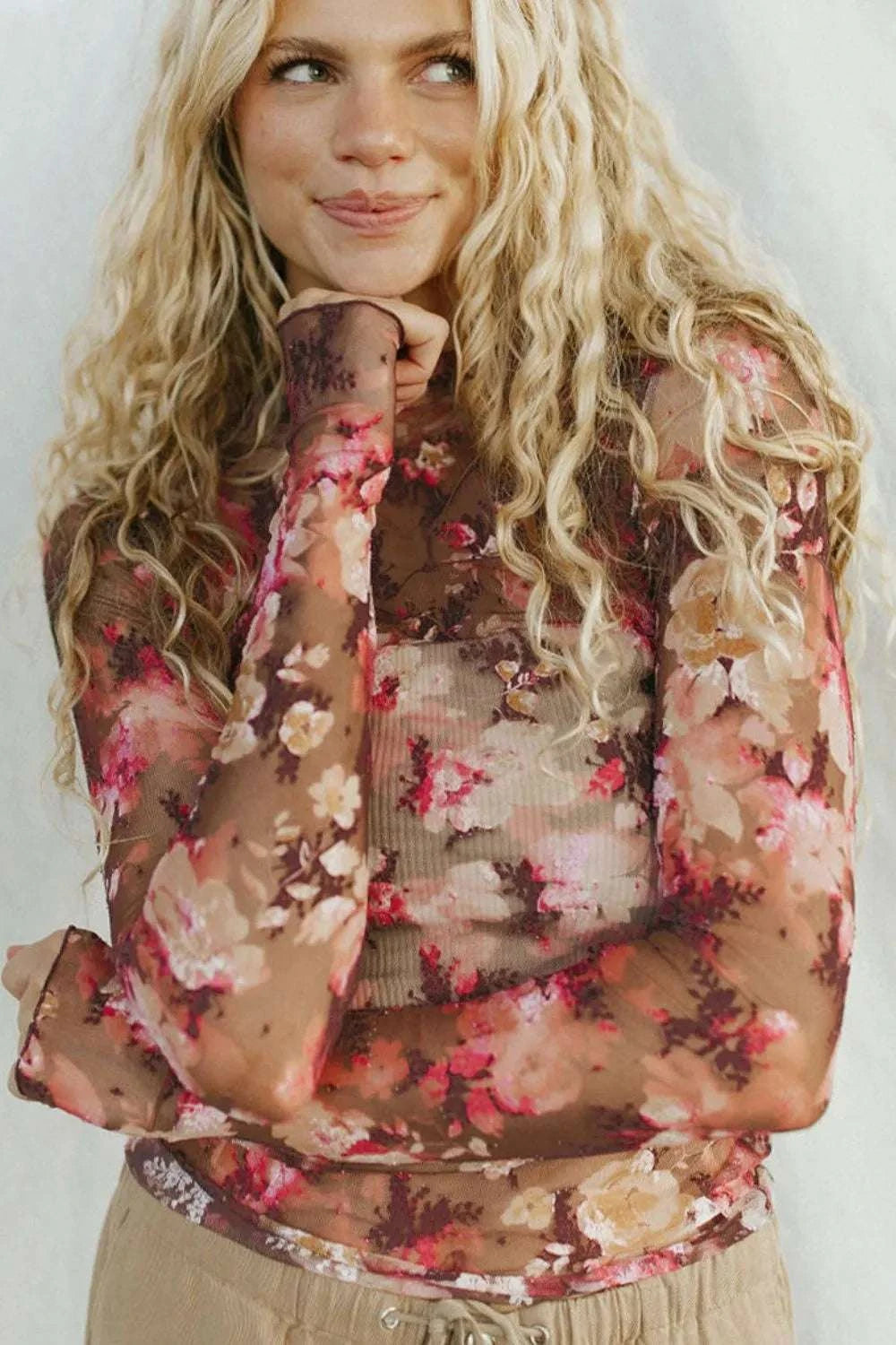 Long sleeve floral mesh top for women stylish look
