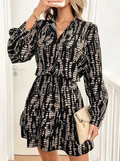 Long sleeve mini dress women black tie-dye design