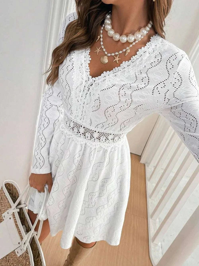 Long sleeve white lace mini dress elegant design