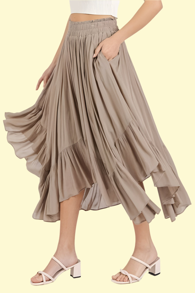 Mocha pocketed elastic waist midi skirt