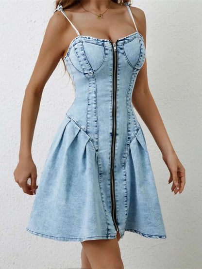 Modern zip up denim dress fashion trend