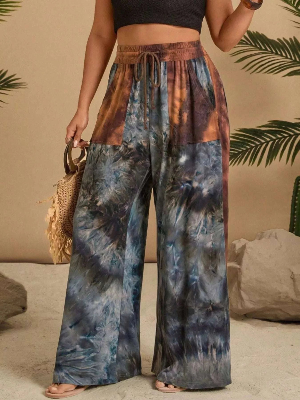 Multicolor tie dye wide leg casual pants plus size front view