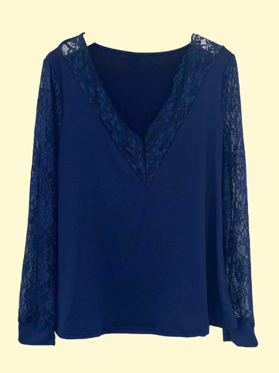 Navy Blue Elegant Lace V-Neck Top for Work