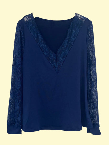 Navy Blue Elegant Lace V-Neck Top for Work