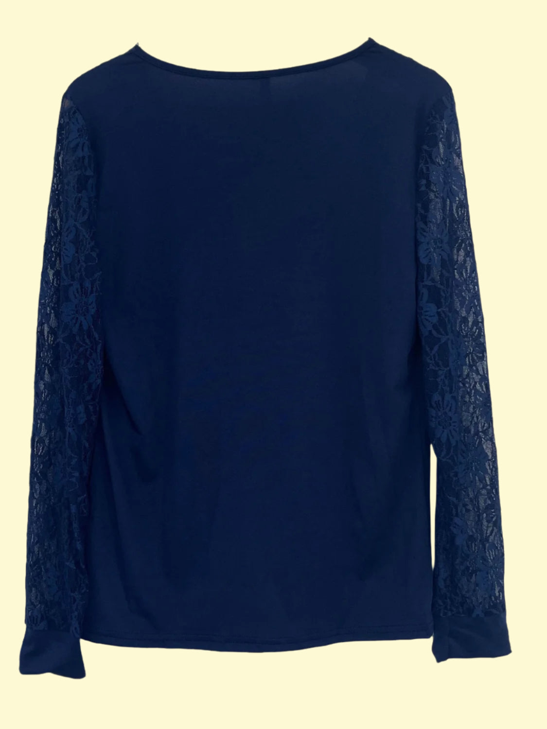 Navy Semi-Sheer Long Sleeve Blouse with Lace Trim