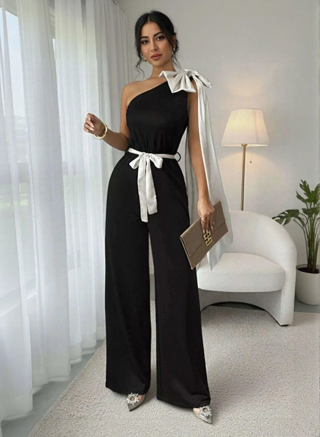 One shoulder black wide leg jumpsuit for women by WestCloset