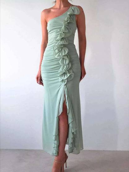 One shoulder ruffle dress styled for elegant party night