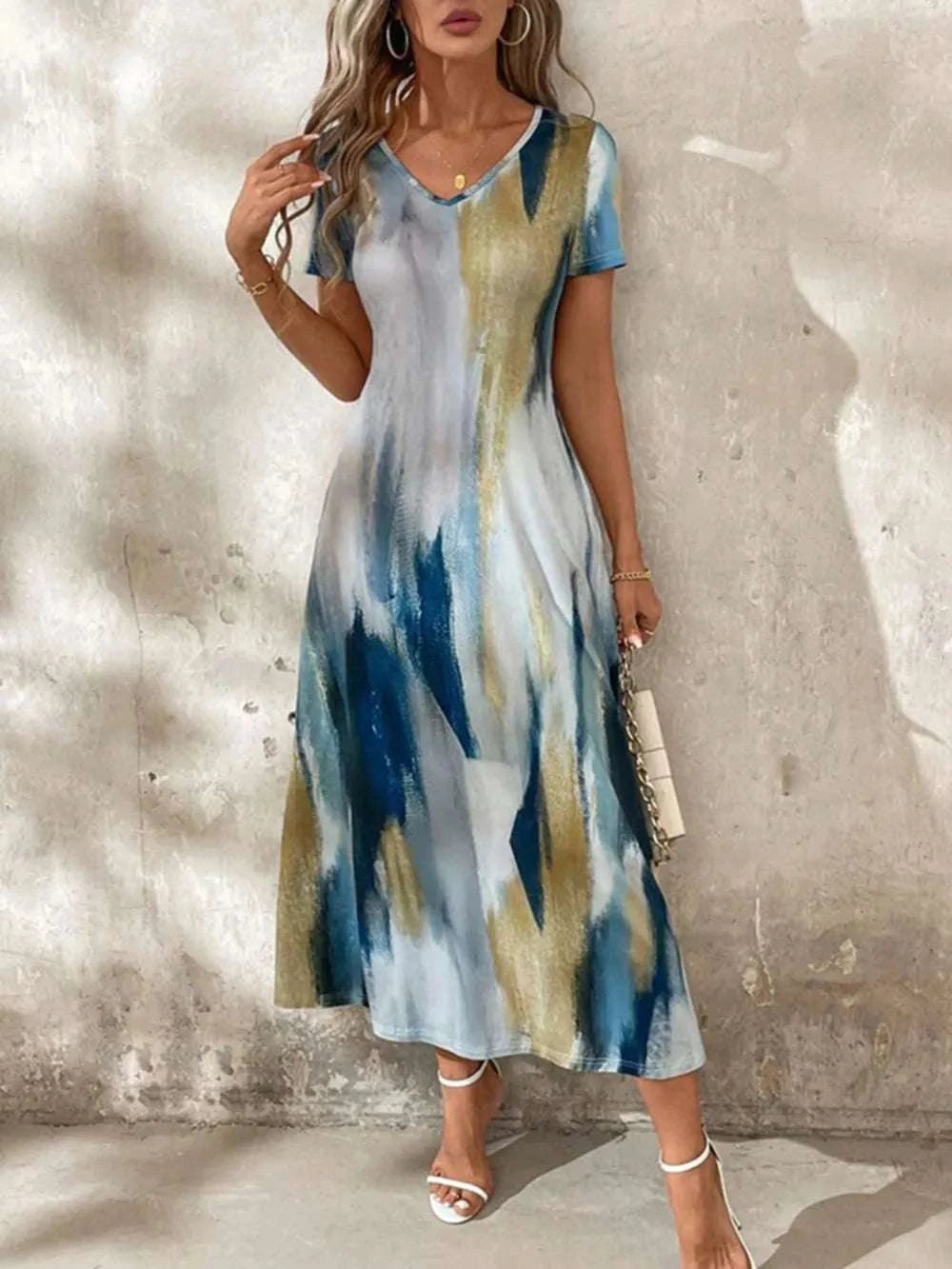 Peacock blue tie-dye midi dress for women