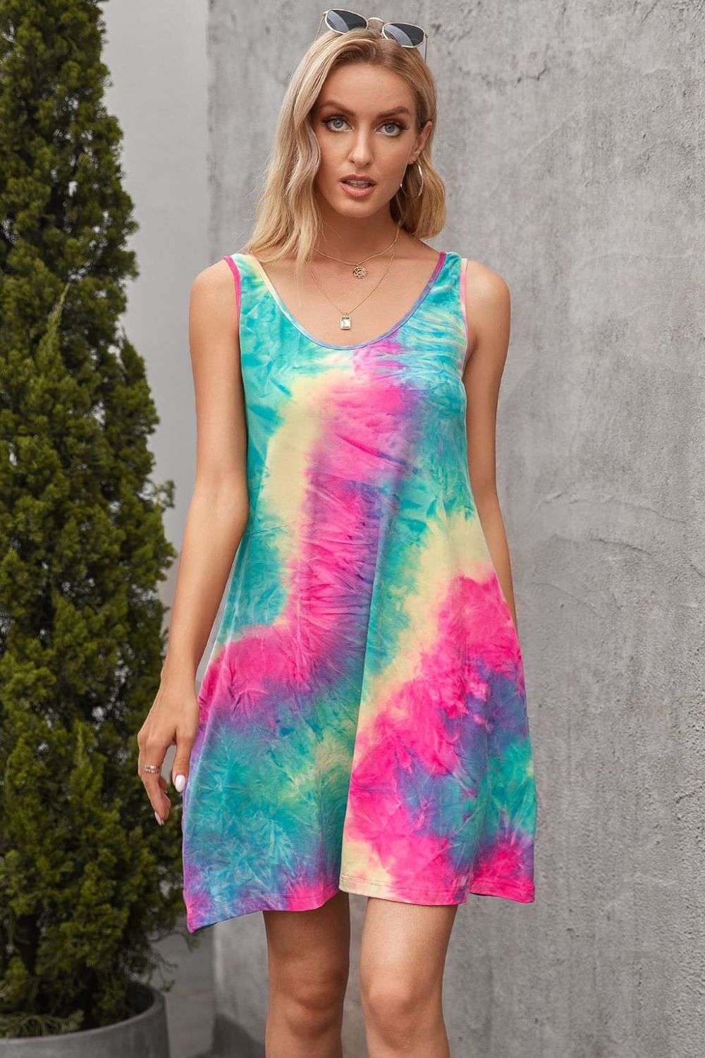 Pink and green tie-dye casual mini dress women