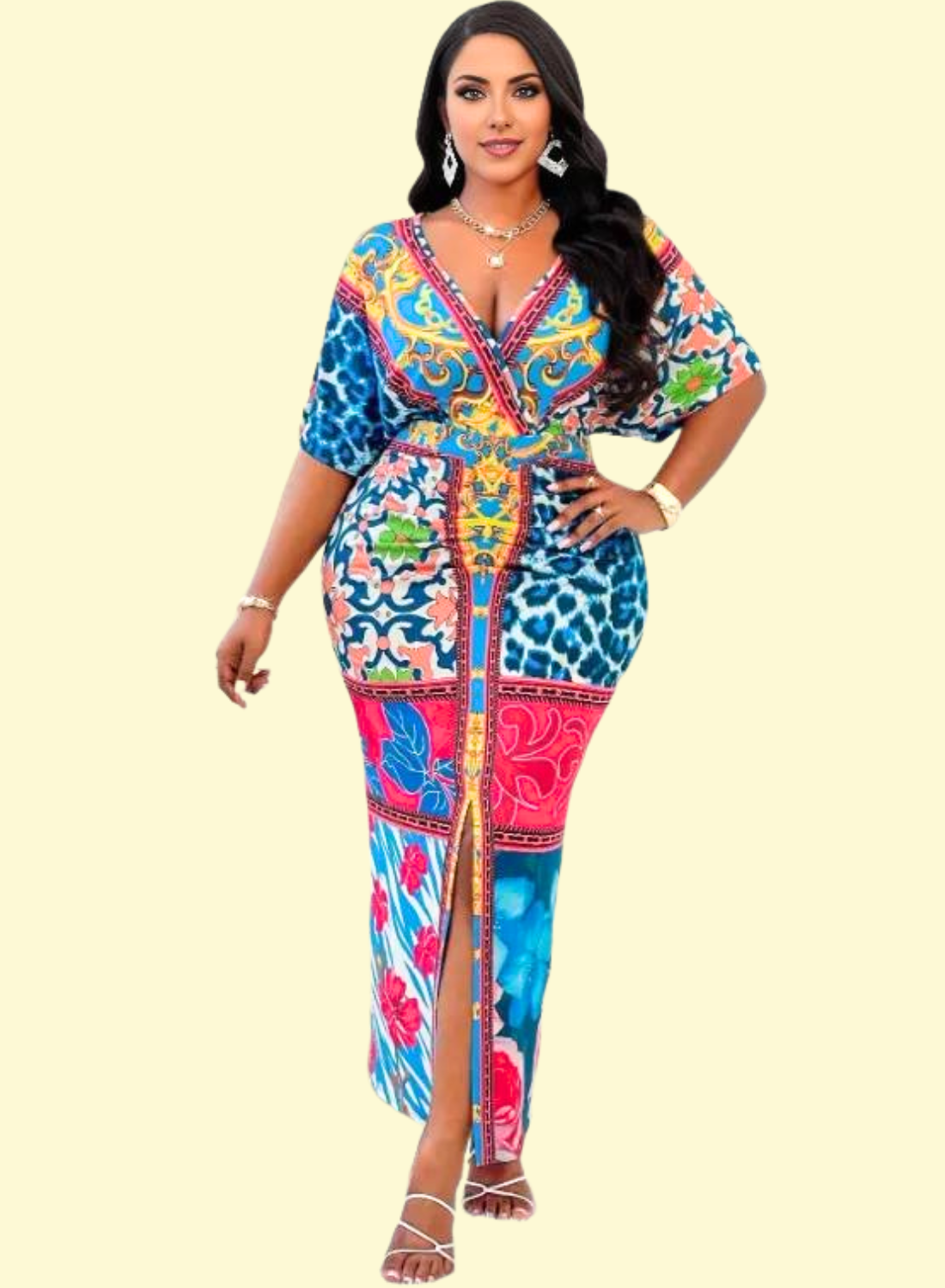 Plus Size Baroque Chain Print Slit Dress