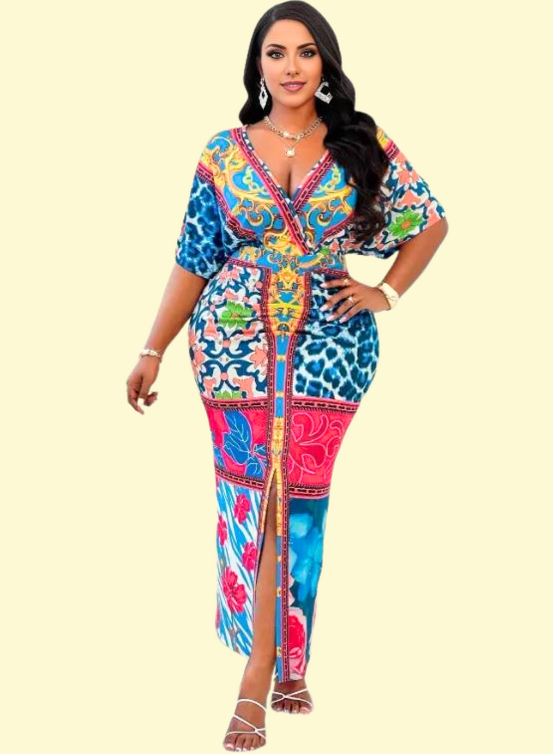 Plus Size Baroque Chain Print Slit Dress