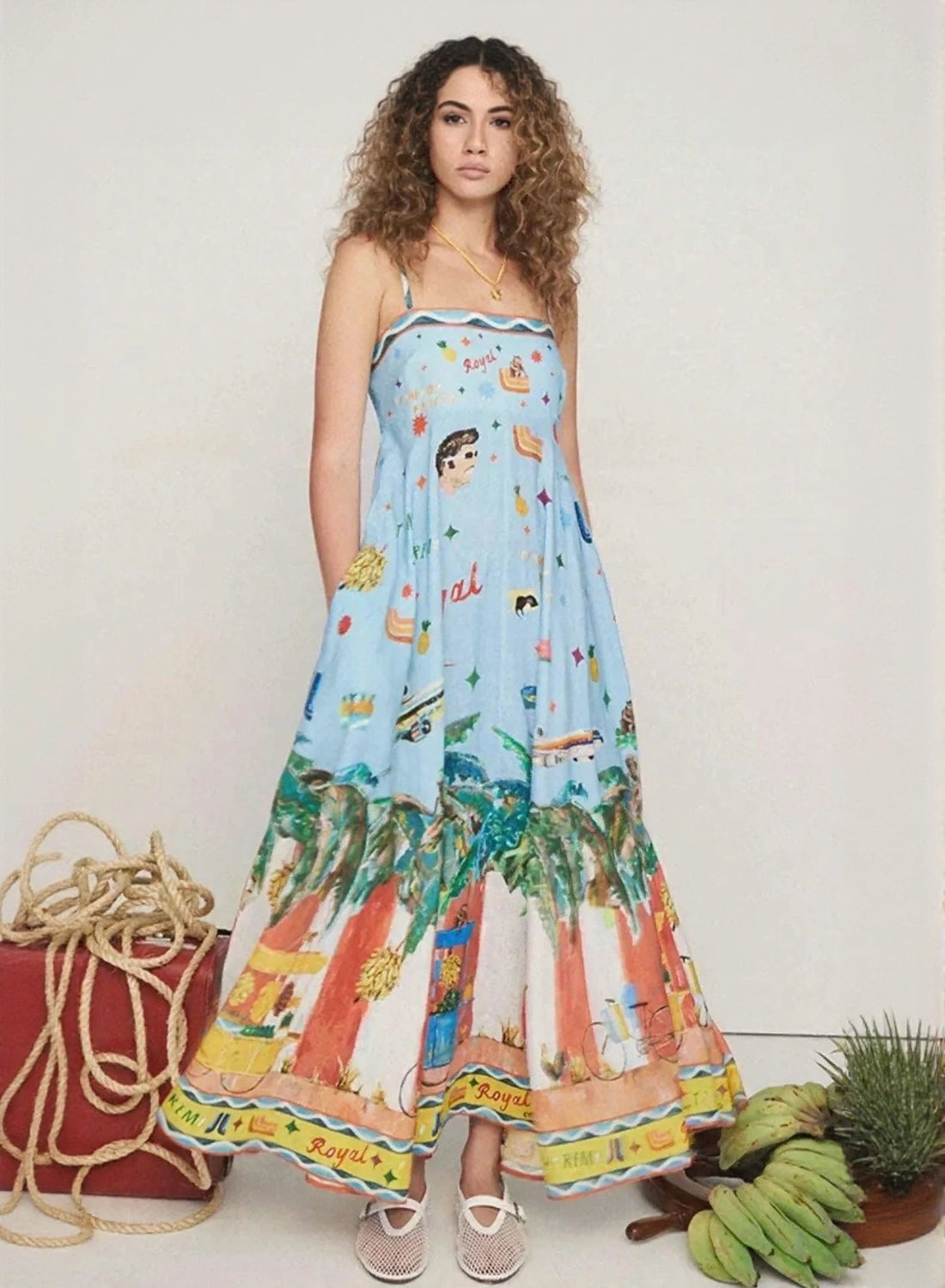 Printed square neck maxi dress for women in light blue by WestCloset