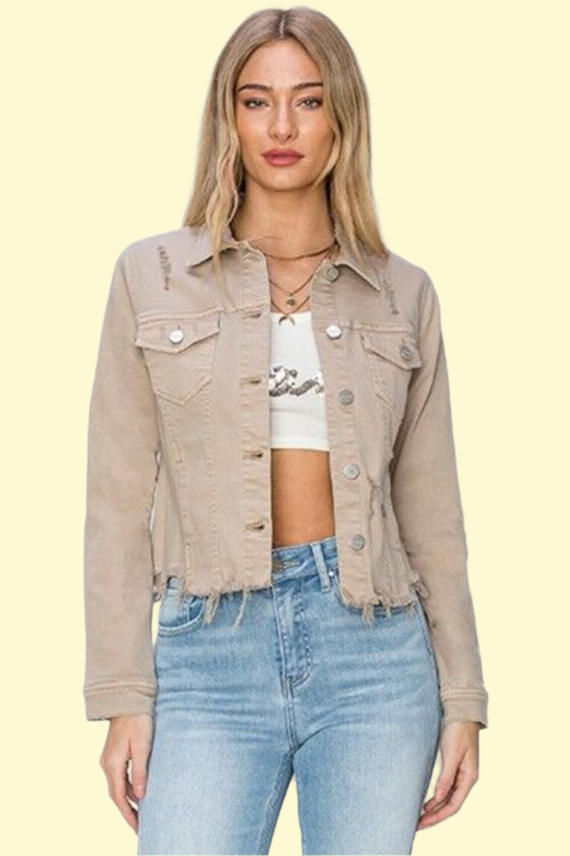 Raw Hem Button-Up Jean Jacket for Women