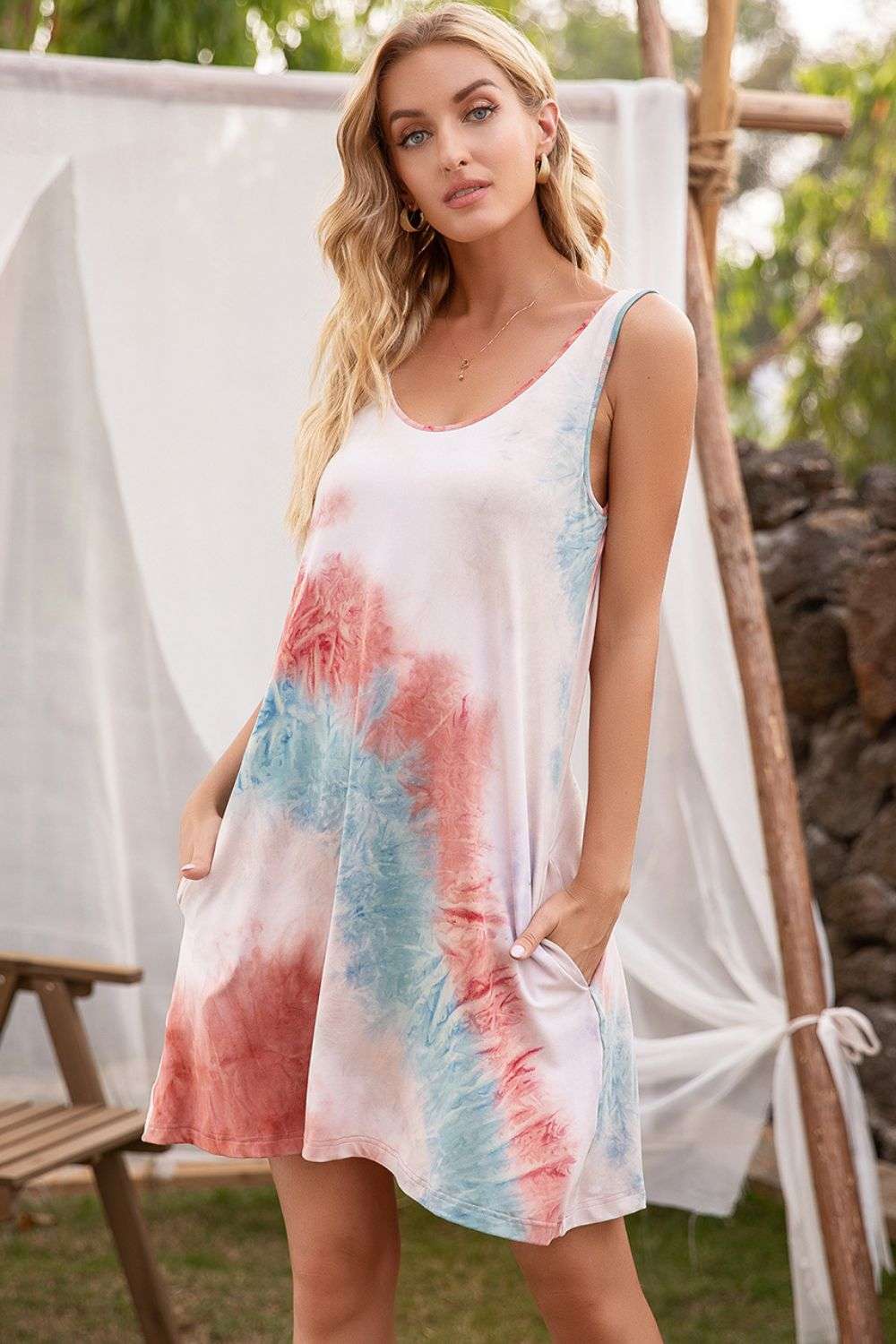 Red and white tie-dye sleeveless mini dress women