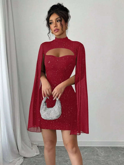 Red glitter bodycon mini dress with cape sleeves front view