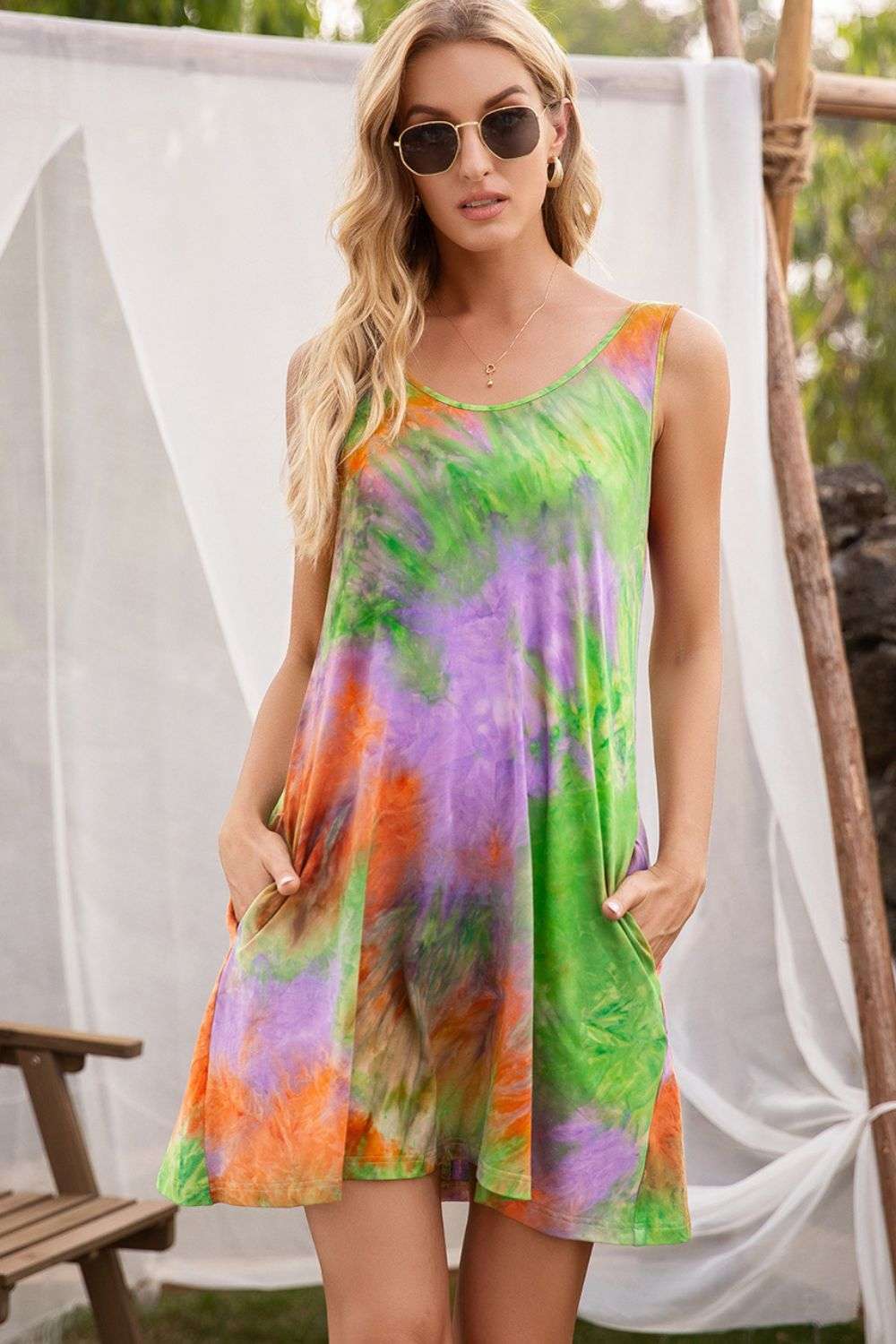 Round neck sleeveless tie-dye dress for women