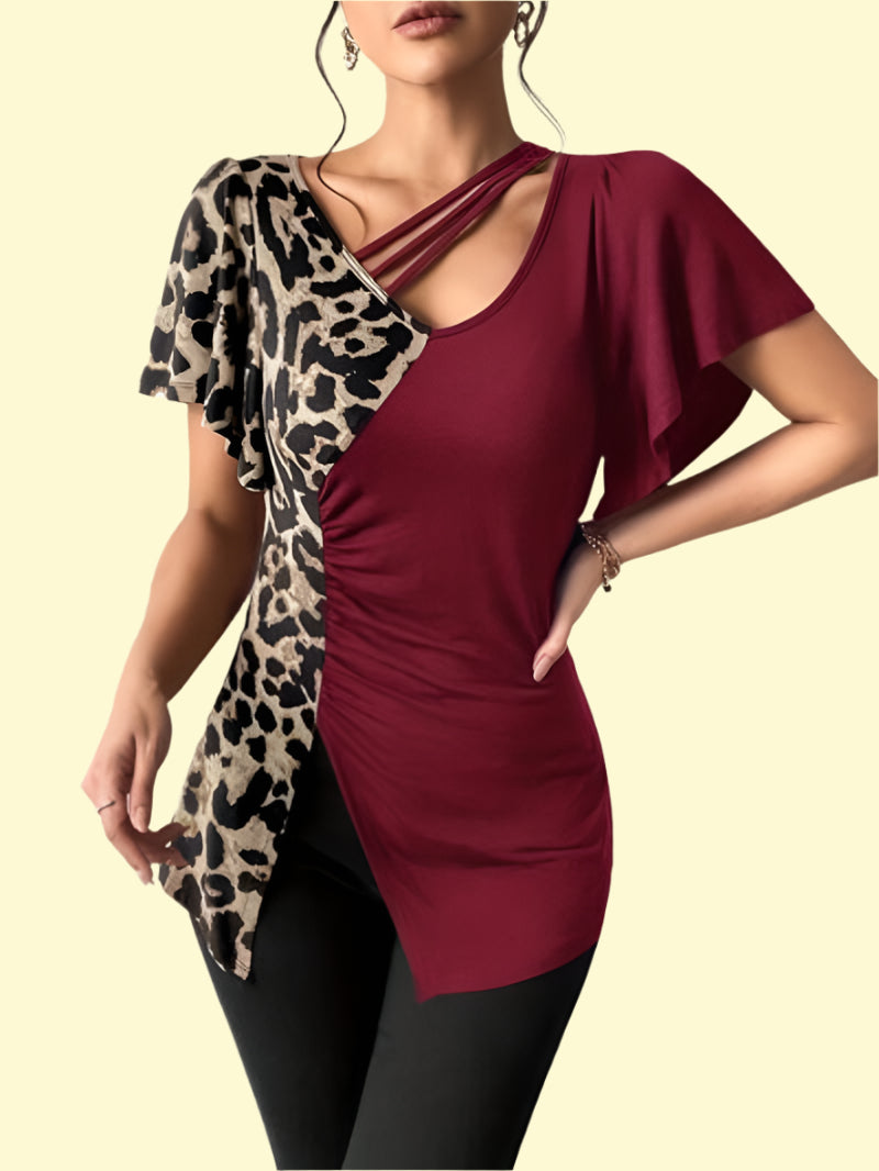 Ruched leopard print tee with flutter sleeves