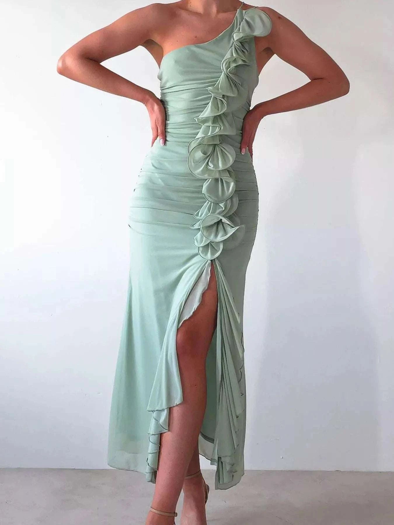 Ruffle slit dress women outfit inspiration
