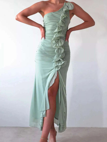 Ruffle slit dress women outfit inspiration