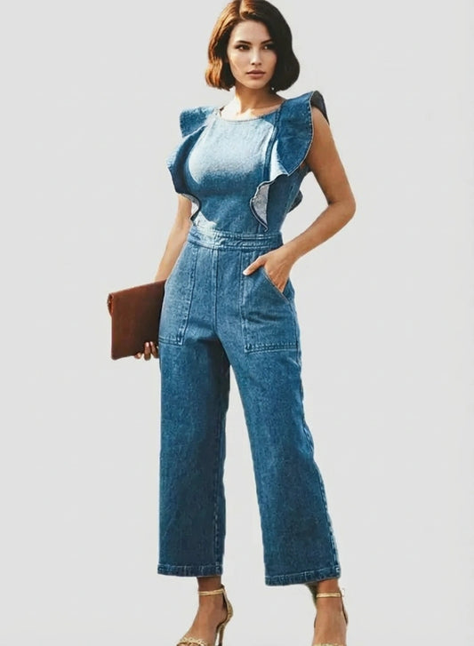Ruffled backless sleeveless denim jumpsuit for women by WestCloset