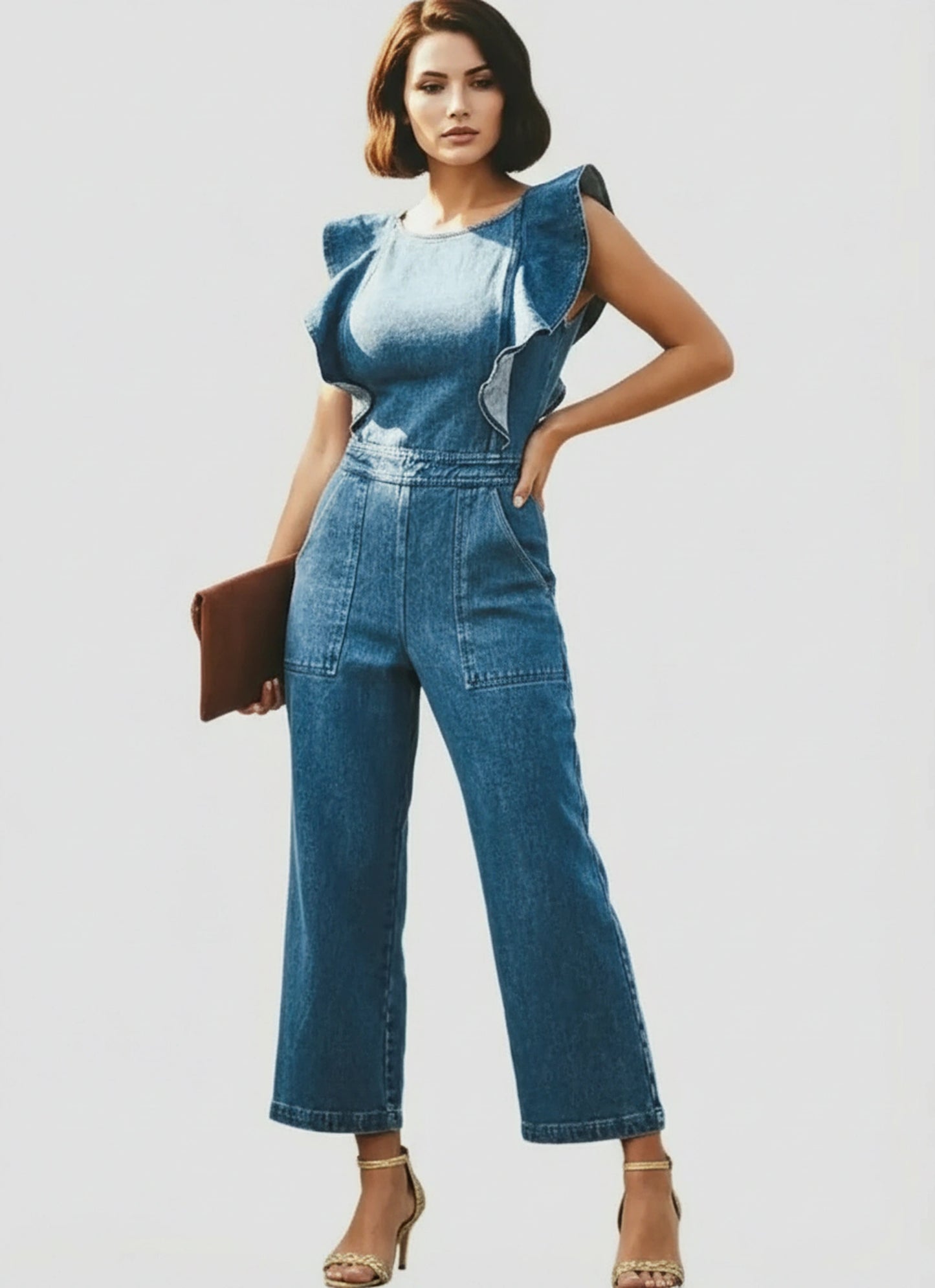 Ruffled detail on women’s denim jumpsuit