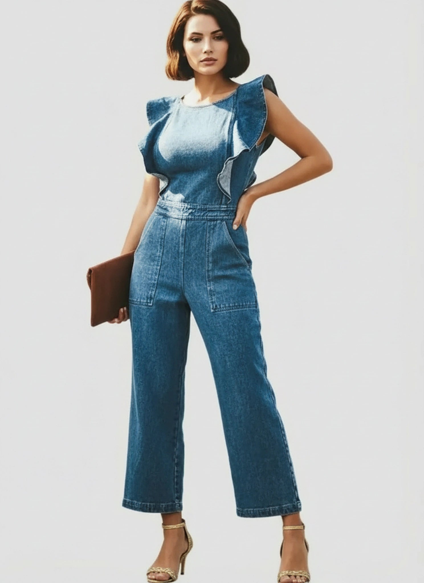 Ruffled detail on women’s denim jumpsuit