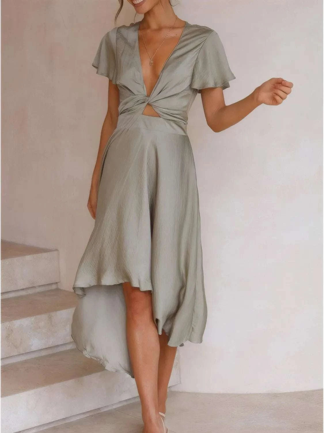 Sage flutter sleeve high-low dress women