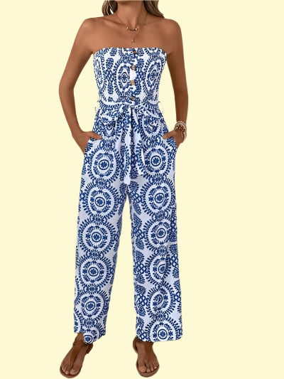 Sexy Smocked Tube Jumpsuit with Decorative Buttons