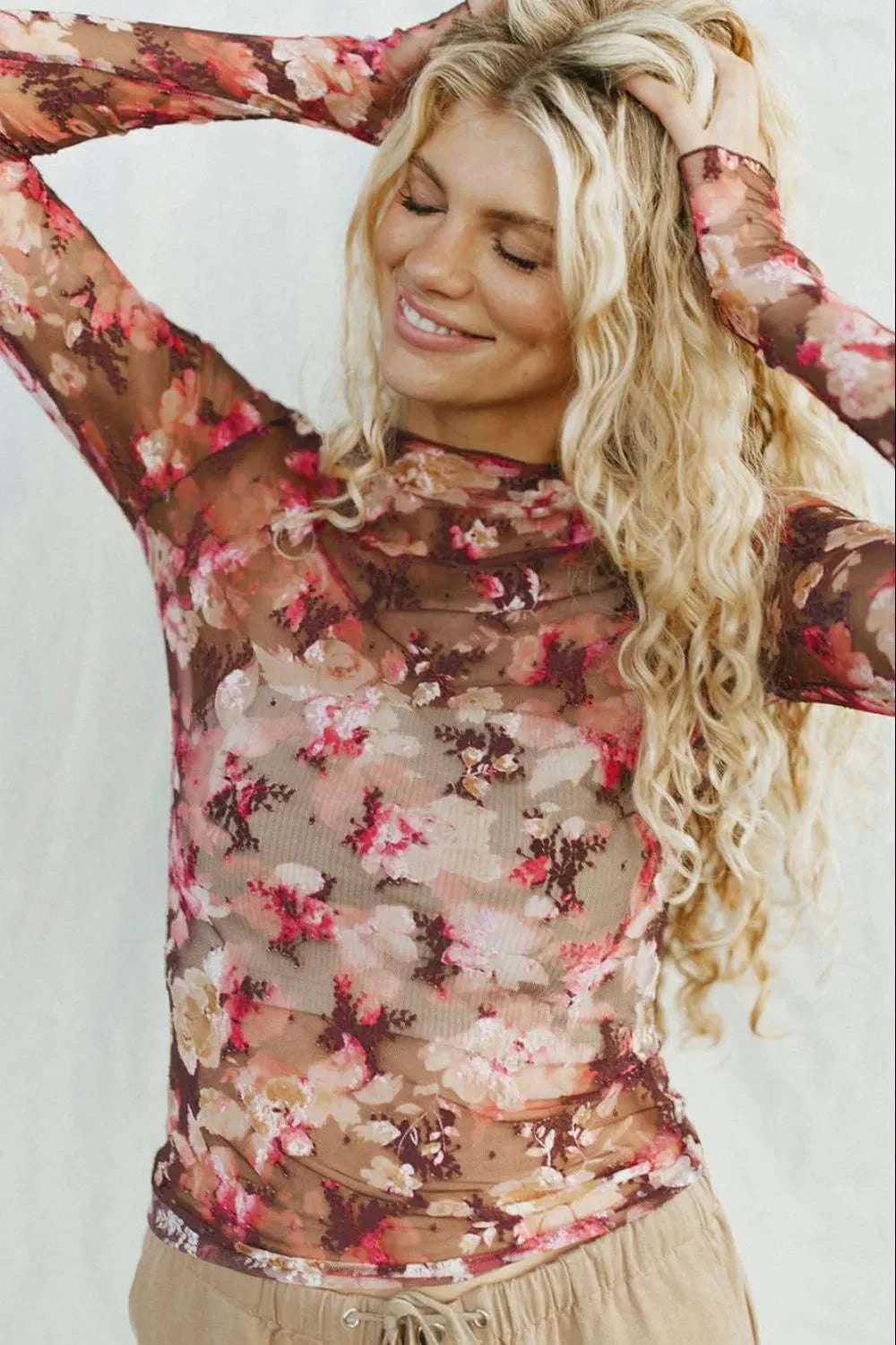 Sheer floral top women with elegant mock neckline