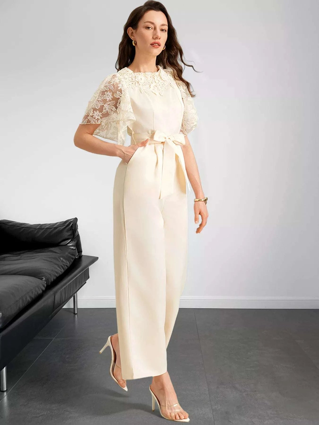 Side view of elegant wide leg jumpsuit for women