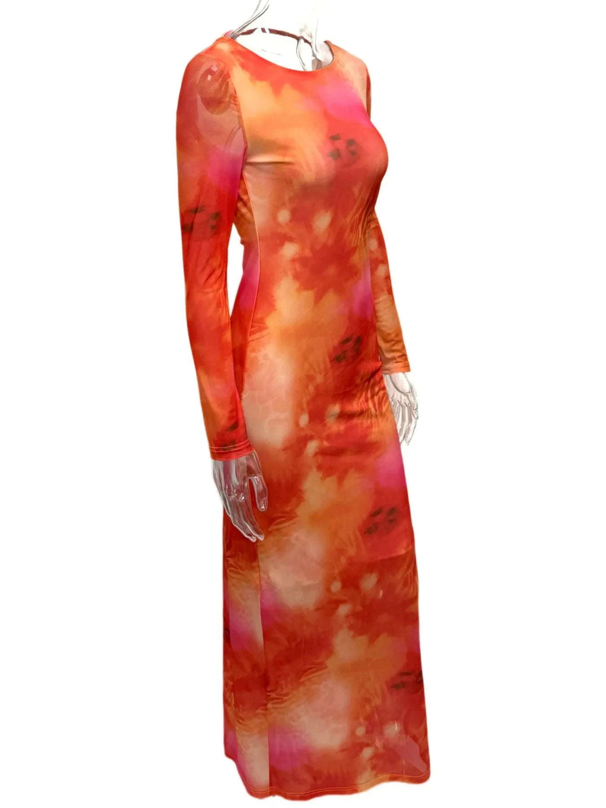Side view of orange tie dye maxi bodycon dress