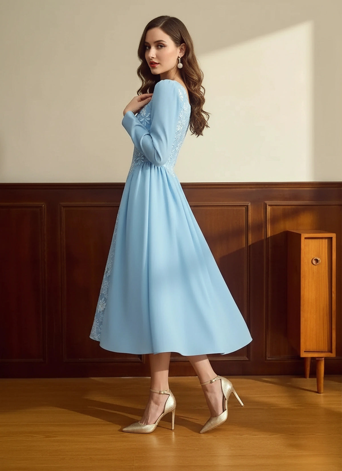 Side view of pastel blue square neck dress for everyday wear