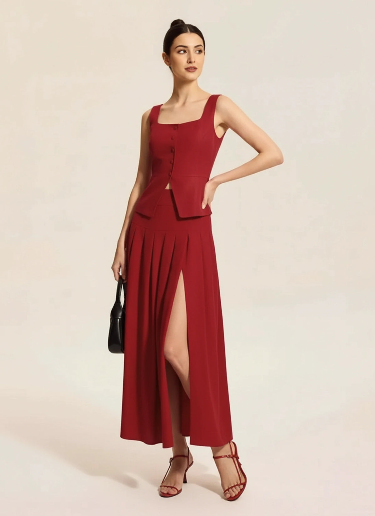 Side view of pleated slit skirt co ord set