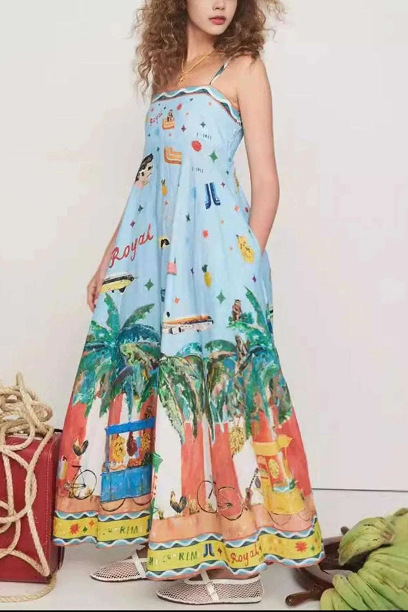 Side view of printed maxi dress with pockets for women