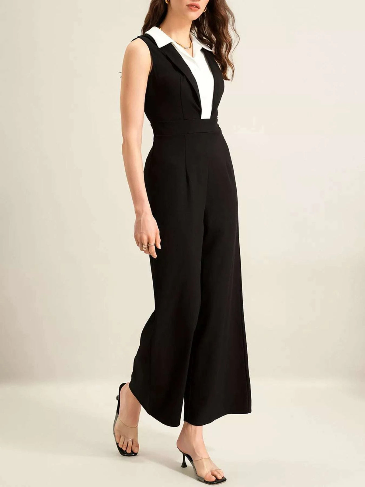 Side view of sleeveless wide leg jumpsuit women